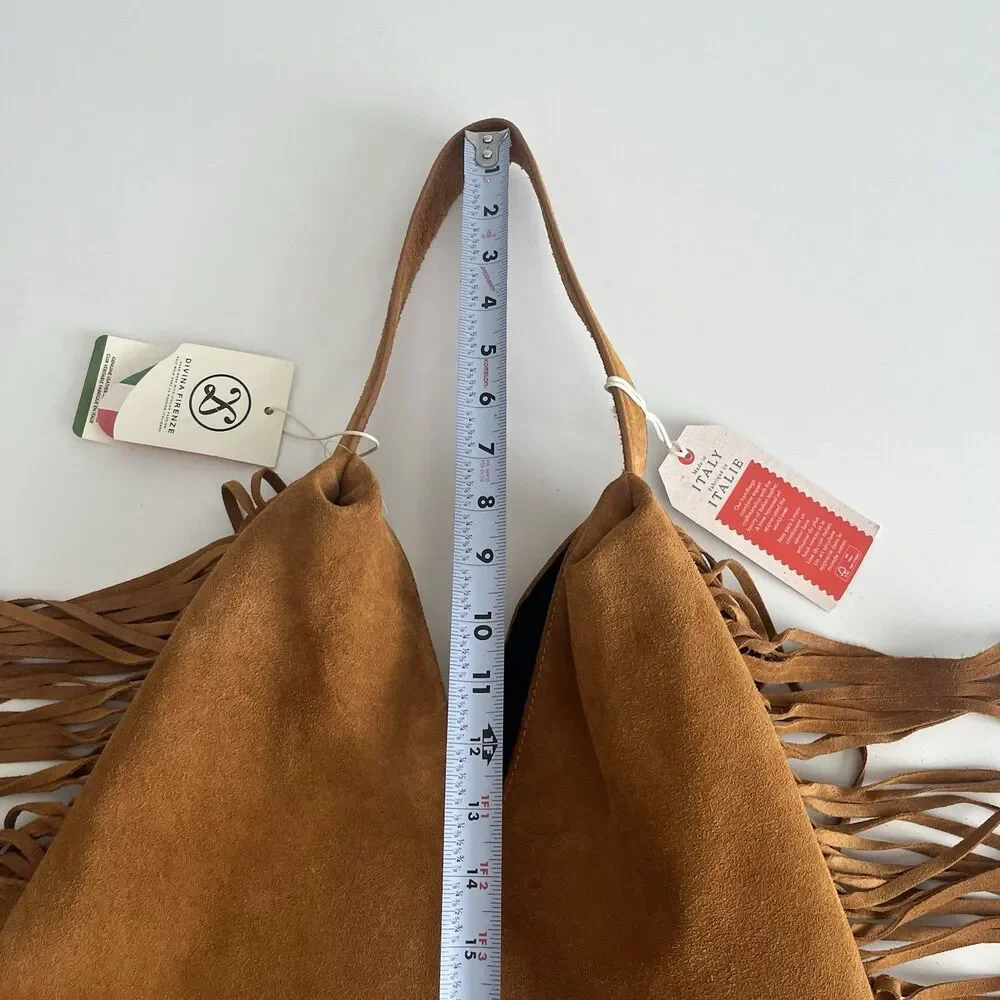 Divina Firenze Brown Suede Fringe Hobo Tote Bag Made In Italy Western Boho NWT - Picture 13 of 14
